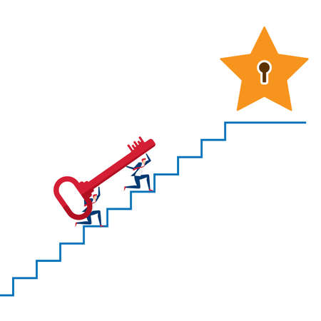 Business team carrying The Key on stair to target and success point. Stairs step to success.のイラスト素材