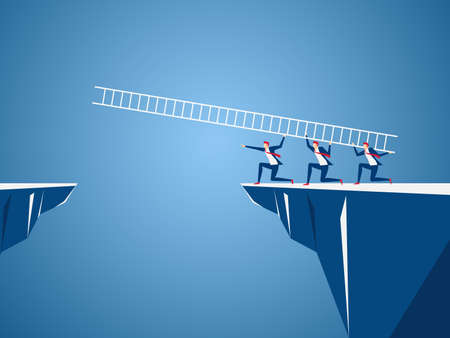 Business team using ladder to cross through the gap between hill. Business Teamwork ,risk and success concept.のイラスト素材