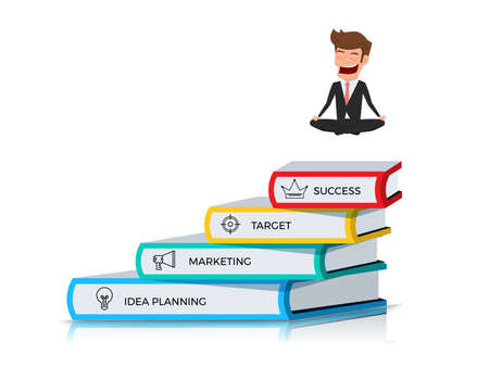 Businessman meditating in peace on book stairs infographics template. Stairs step made of books to success. Cartoon Vector Illustration.のイラスト素材