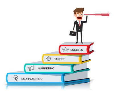 Businessman stand on book stairs using telescope looking for success, opportunities, future business trends. Stairs step made of books to success. Infographics template Cartoon Vector Illustration.のイラスト素材