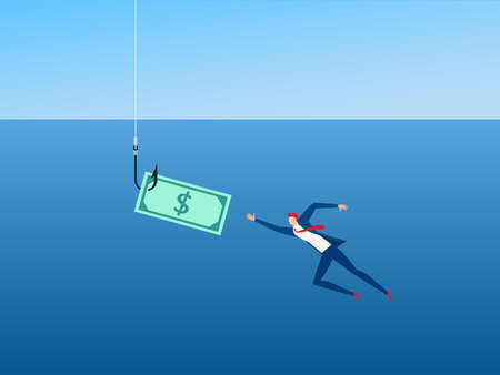 Businessman and money on hook as bait capitalism. Money trap concept. Cartoon Vector Illustration.のイラスト素材