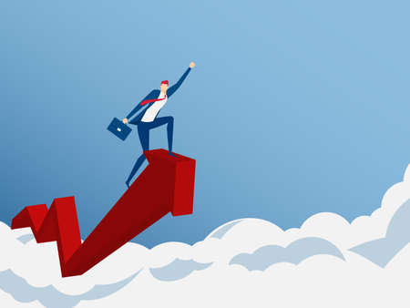 Businessman ride growth arrow graph on cloud get a lot of money. Investment financial and success concept. Cartoon Vector Illustration.のイラスト素材