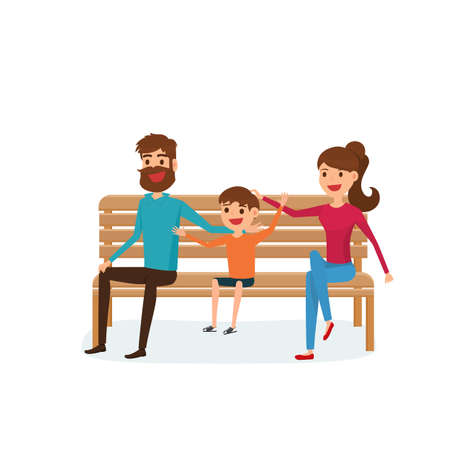 Happy family sitting on a bench in the park. Father, mother and children. Flat design style. Cartoon Vector Illustration.のイラスト素材
