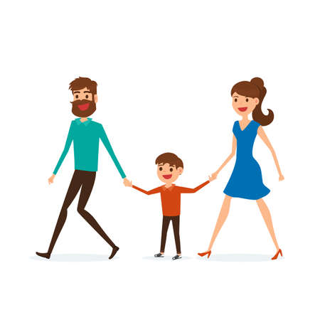 Happy family walking together and hold in hand. Father mother and son. Flat design style. Cartoon Vector Illustration.のイラスト素材