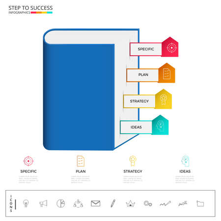 Education and graduation step to success infographics. Paper book infographics template with icons and elements. Can be used for workflow layout, diagram web design, infographics. Vector Illustrationのイラスト素材
