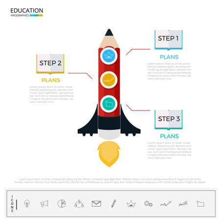 Education and graduation step to success infographics. Pencil rocket business startup infographics tempate with icons and elements. Can be used for workflow layout, diagram web design, infographics. Vector Illustrationのイラスト素材