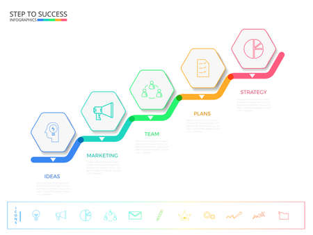 Stair step to success concept. Modern colorful business timeline hexagon infographics template with icons and elements. can be used for workflow layout, banner, diagram, number options, web design. Infographics Vector Illustration.のイラスト素材