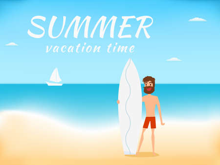 Seascape. Man with surfboards on the beach. Travel, vacation, holidays and adventure concept. Cartoon Vector Illustration.のイラスト素材