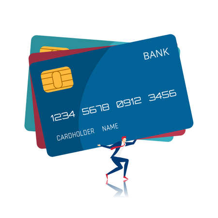 Businessman carrying huge credit card. Debt concept. Cartoon Vector Illustration.のイラスト素材
