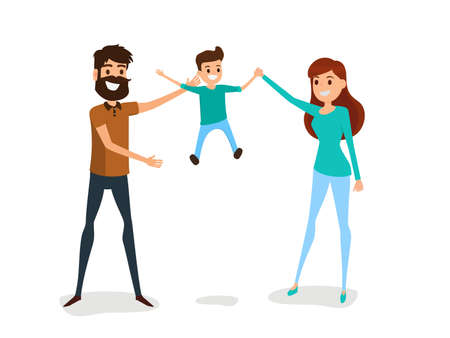 Happy family father, mother and son concept. Happy family gesturing with cheerful smile. Cartoon Vector Illustration.のイラスト素材