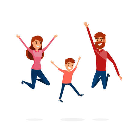Happy family father, mother and son jumping. Happy family gesturing with cheerful smile. Cartoon Vector Illustration.のイラスト素材
