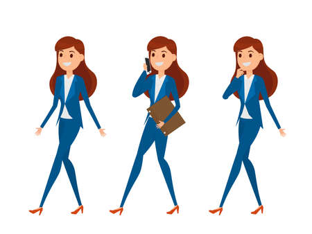 Business woman characters. Woman in elegant office clothes with a variety poses, talking on phone, walking, and thinking. Cartoon Vector Illustration.のイラスト素材