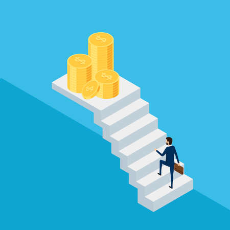 Flat 3D isometric. Businessman in suit holding briefcase walking on stair to money and success. Stair step to success. Cartoon Vector Illustration.のイラスト素材
