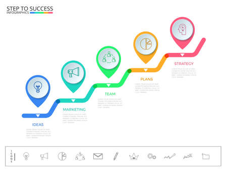 Stair step to success concept. Business timeline modern colorful pointer infographics template with icons and elementsのイラスト素材