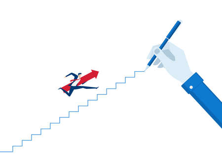 Businessman big hand drawing a line leading to the goal. Businessman with red arrow sign jump on the stairs step to success. Cartoon Vector Illustration.のイラスト素材
