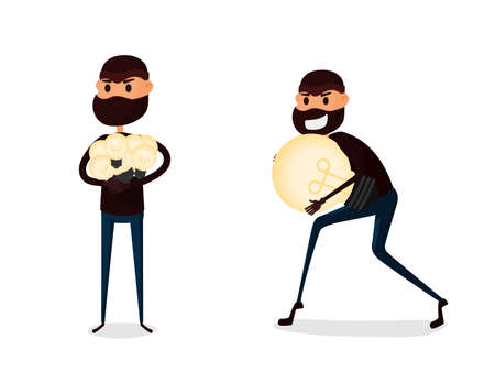 Flat character design Piracy concept. Thief stealing and holding light bulb idea. Cartoon Vector Illustration.のイラスト素材