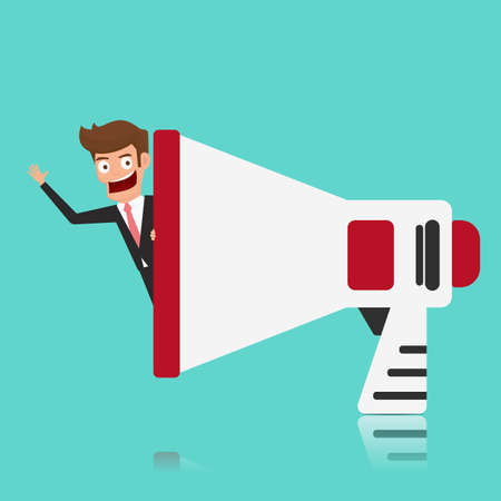 Businessman inside megaphone. Marketing and advertising concept. Cartoon Vector Illustration.のイラスト素材