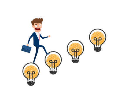 Creative idea concept. Businessman in suit holding briefcase walking on stairs made of light bulb idea. Cartoon Vector Illustration.のイラスト素材