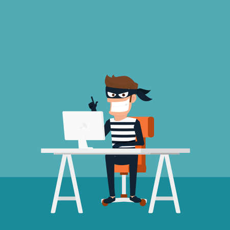 Thief. Hacker stealing sensitive data as passwords from a personal computer useful for anti phishing and internet viruses campaigns.concept hacking internet social network.Cartoon Vector Illustration.のイラスト素材