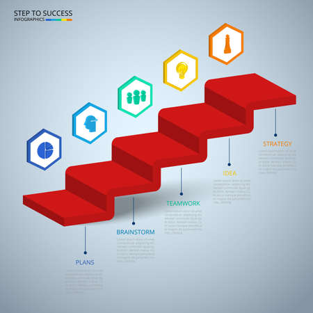 Infographics 3D Stair step to success concept. Business timeline modern colorful infographics template with icons and elements. Can be used for workflow layout, banner, diagram, web design. Infographics Vector Illustration.のイラスト素材