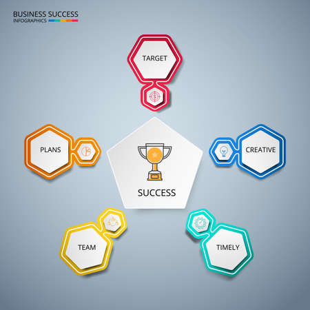 Successful business concept pentagon infographic template. Infographics with icons and elements. Can be used for workflow layout, diagram web design, infographics. Vector Illustrationのイラスト素材