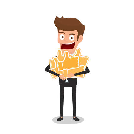 Businessman holding thumbs up sign, positive feedback concept. Cartoon Vector Illustration.のイラスト素材