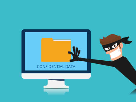 Thief. Hacker stealing confidential data document folder from computer useful for anti phishing and internet viruses campaigns. concept hacking internet social network. Cartoon Vector Illustration.のイラスト素材