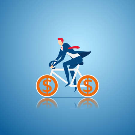 Businessman riding a bicycle with money sign wheel. Concept of riding to success. Cartoon Vector Illustration.のイラスト素材
