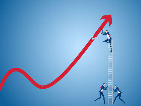 Business team using stairs to building growth graph and preparing for the big profit. Solving finances concept. Cartoon Vector Illustrationのイラスト素材