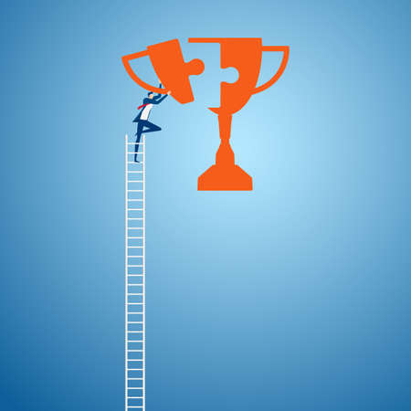 Businessman climbing ladder to combine trophy puzzle pieces. Make a success concept. Cartoon Vector Illustration.のイラスト素材
