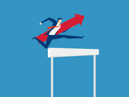 Overcome obstacles and success concept. Businessman holding red arrow jumping over hurdle race obstacle. Cartoon Vector Illustrationのイラスト素材