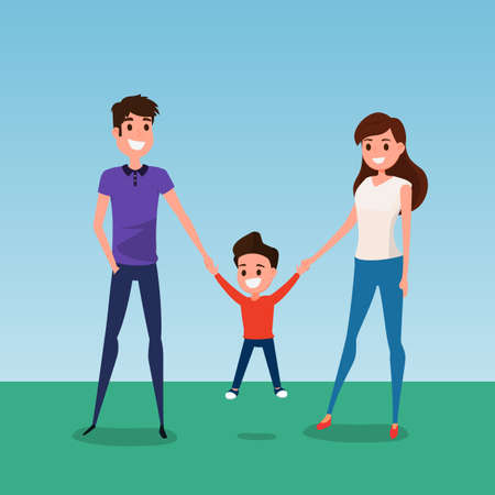 Happy family walking together and hold in hand. Father mother and son. Flat design style. Cartoon Vector Illustration.のイラスト素材