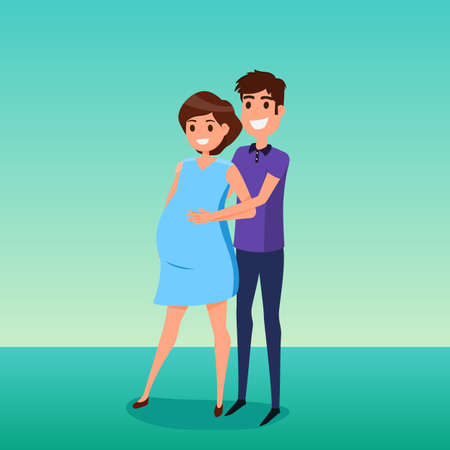 Happy pregnant couple. Pregnant wife and husband. Cartoon Vector Illustration.のイラスト素材