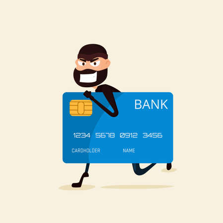 Thief. Hacker stealing sensitive data and money from credit card. Useful for anti phishing and internet viruses campaigns. concept hacking internet social network. Cartoon Illustration.のイラスト素材