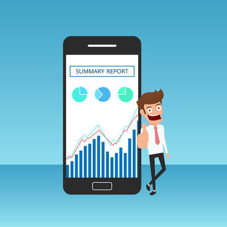 Businessman showing thumb up with charts graph and business summary on smartphone screen. Cartoon Vector Illustration.のイラスト素材