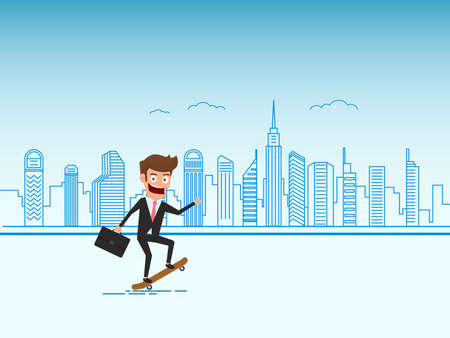 Businessman on skateboard with briefcase. Cartoon Vector Illustration.のイラスト素材