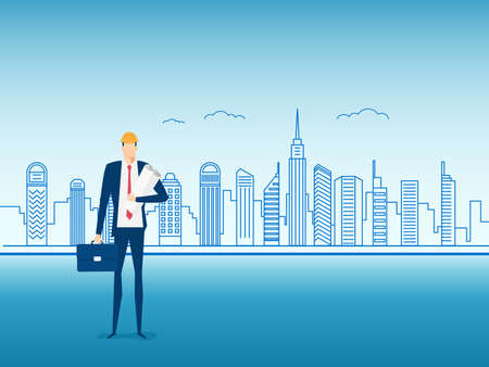 Engineer construction holding a blueprint paper on city screen. Character design. Cartoon Vector Illustration.のイラスト素材