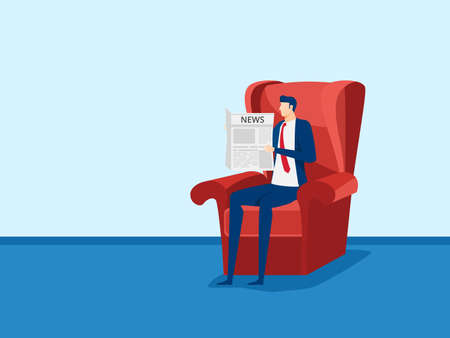 Businessman reading a newspaper on sofa in room. Cartoon vector Illustration.のイラスト素材