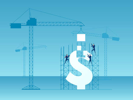Business team construction crane and building money. Investment and success concept. Cartoon Vector Illustration.のイラスト素材