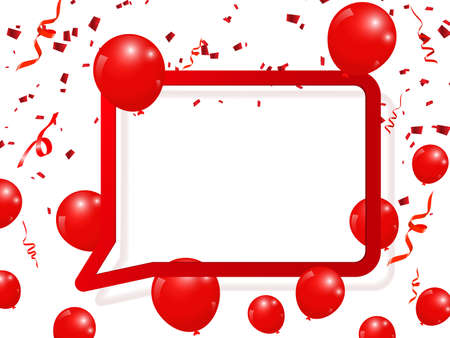Realistic balloons celebrate festive holiday party design with confetti, ribbon and speech bubble square frame background. Vector Illustration.のイラスト素材