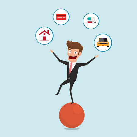 Businessman balancing on sphere and juggling finance debt icons. Financial and money management concept. Cartoon Vector Illustration.のイラスト素材