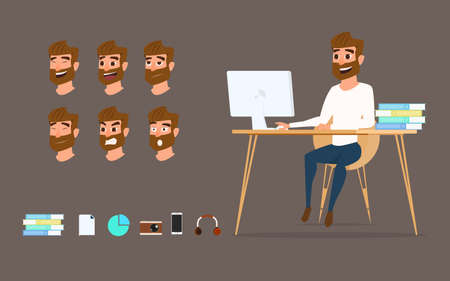 Character design. Businessman working on desktop computer with different emotions on face. Cartoon Vector Illustration.のイラスト素材