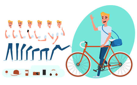 Young man character creation set for animation. Young man with bicycle. Parts body template. Different emotions, poses and  running, walking, standing, sitting. Cartoon Vector Illustration.のイラスト素材