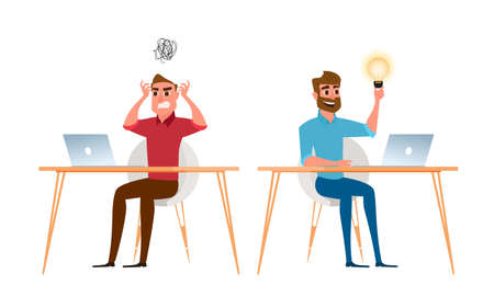 Two businessman are different have idea and have no idea. Angry, stress at work and positive businessmen. Cartoon Vector Illustration.のイラスト素材