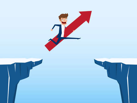 Businessman with red arrow sign jump through the gap between hill. Running and jump over cliffs. Business risk and success concept. Cartoon Vector Illustration.のイラスト素材