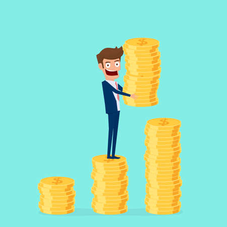 Investment and saving concept. Businessman holding gold coin and putting in the pile. Increasing capital and profits. Wealth and savings growing. Cartoon Vector Illustration.のイラスト素材