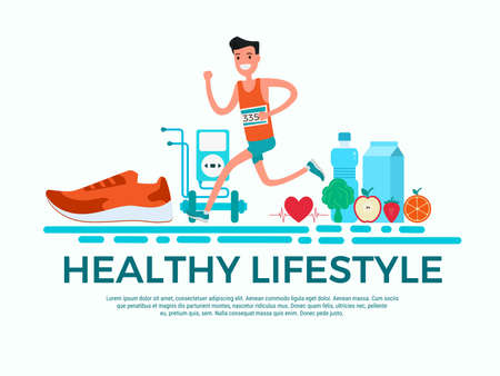 Flat design style. Healthy lifestyle concept. Adult young man running in sportswear. Proper nutrition, healthy food and sports equipment. Cartoon Vector illustration.のイラスト素材