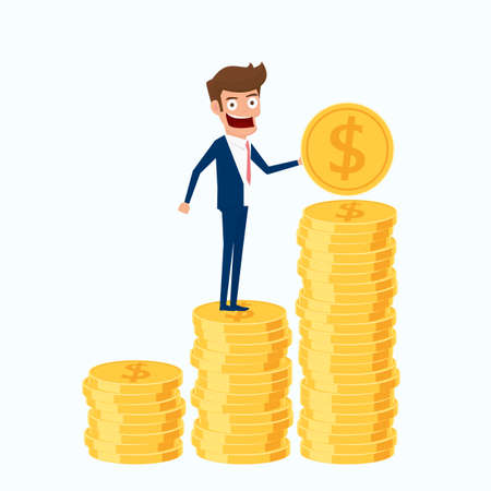 Investment and saving concept. Businessman holding gold coin and putting in the pile. Increasing capital and profits. Wealth and savings growing. Cartoon Vector Illustration.のイラスト素材