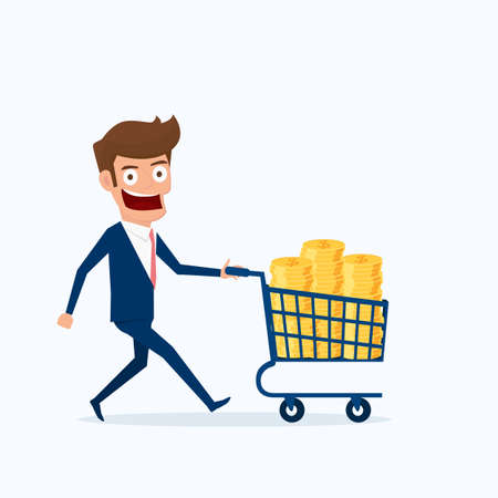 Businessman with shopping cart full of money. Business and finance concept. Cartoon Vector Illustration.のイラスト素材