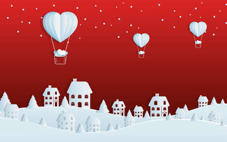 Paper art concept of Christmas with balloon hearts on sky to villageのイラスト素材